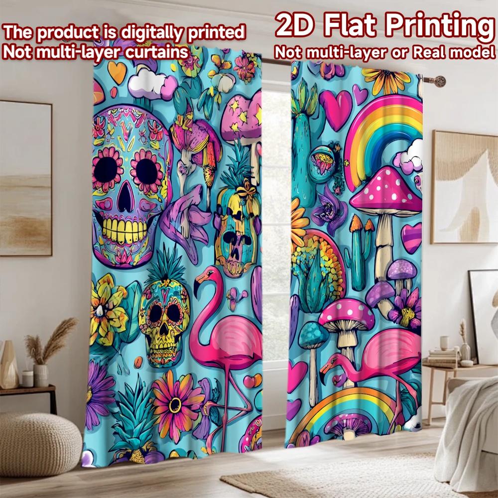2D Flat Printing 2pcs Curtain Day of the Dead Skulls Flamingos Digital Printed Polyester Drapes Festive Curtains Perfect for