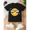 European sizes Girls' Heart-Shaped Fashion Glasses & Joyful Face Print T-Shirt - Cute Summer Outfit, Round Neck Casual Top with Smiling Face