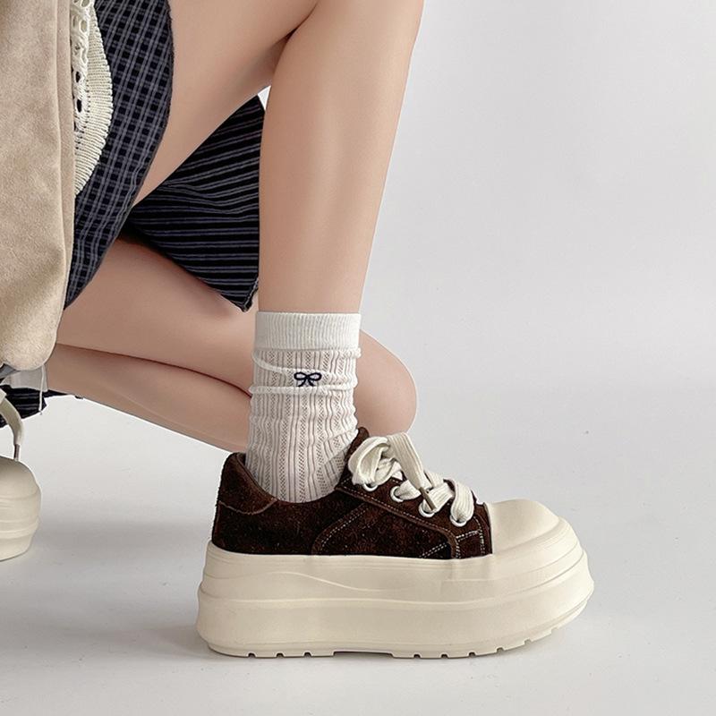 Fashion Versatile Round Head Thick Sole Heightening Commuter Suede Casual Shoes Women's 2025 Spring and Autumn New Big Head Thick Board Shoes