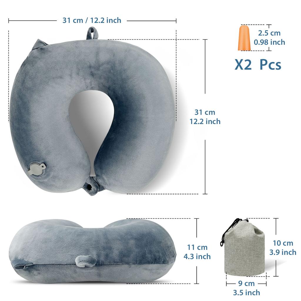 Portable Inflatable Neck Pillow for Travel Super Soft  Material Breathable Cover for Aircraft & Office Naps With Eye Patch