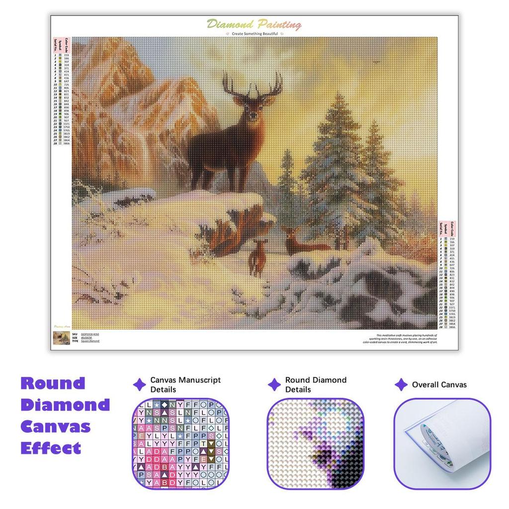 5D DIY Diamantmaleri Dyr Hjort Full Runde Broderi Snøsett Mosaikk Vinter Håndlaget Gave Veggdekor 30x40cm/12x16tommer
