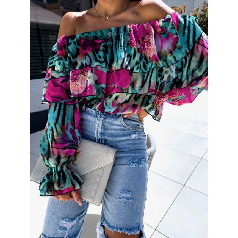New Spring Off-the-shoulder Floral Printed Layer Ruffled Women Blouse Sexy Long Sleeve One-word Collar Shirt Sweet Loose Casual Tops Clothing