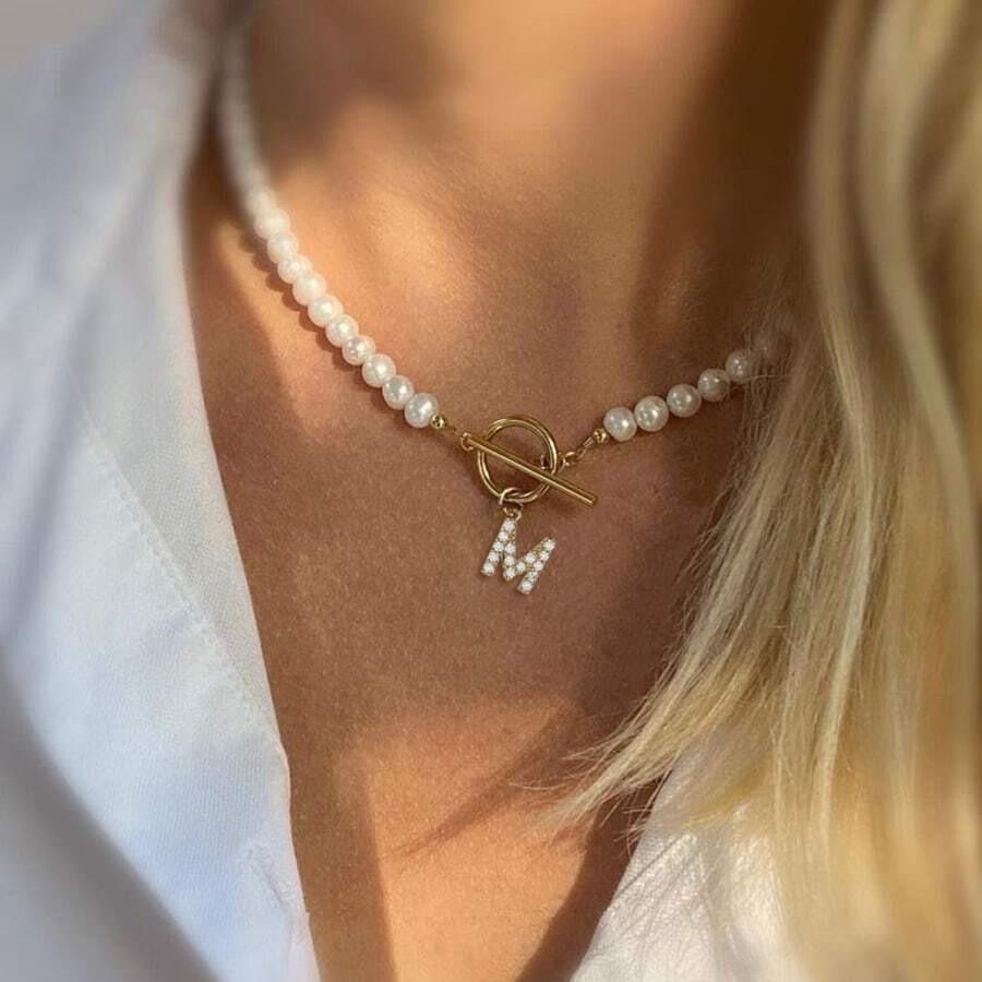 Zircon Crystal Initial A-Z Letter Pendant Necklace for Women Toggle Clasp Imitation Pearls Necklaces Wedding Jewelry Gift