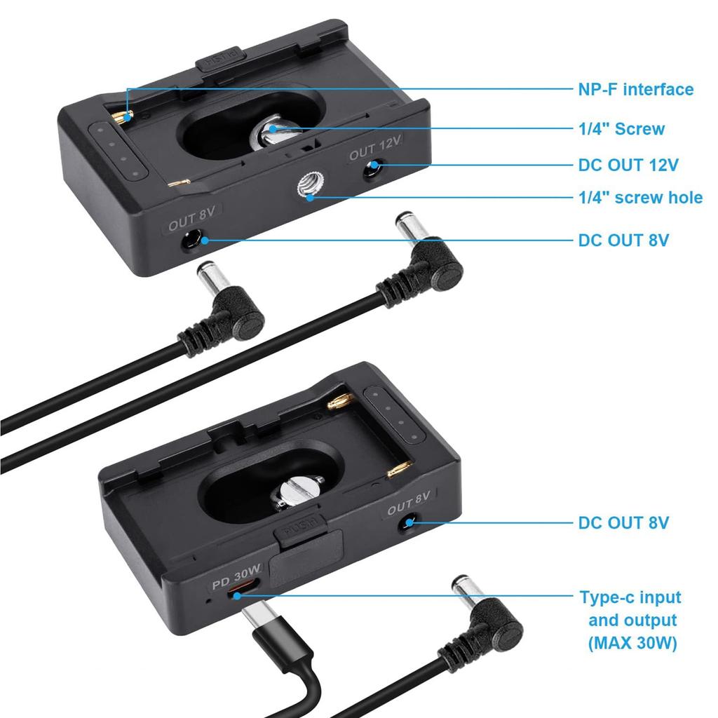 NP-F Battery Charger Metal Battery Adapter Plate Cold Shoe Adapter 1/4in For NP-F550 F750 F970 For BMPCC 4K 6K DSLR ILDC