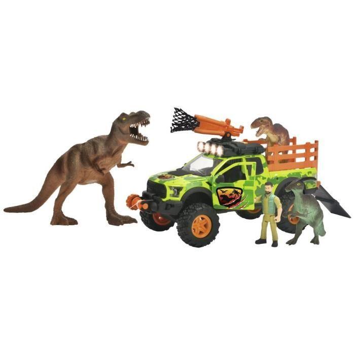 Dickie - Chasseur de dinosaures - Véhicule + Treuil + figurine articulée et 3 dinosaures - Sons et lumières
