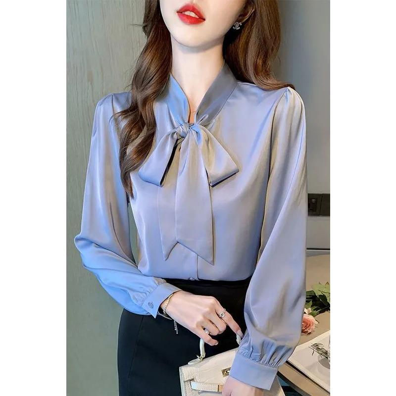 Temperament Satin Long-sleeved Chiffon Shirt Women's Autumn Wear Spring and New Chic Bow Professional Top
