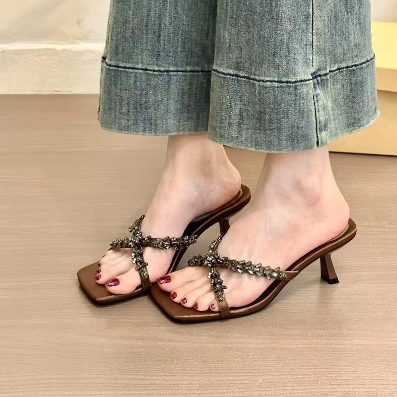 Fashion 2025 New Street Style CRYSTAL Narrow Band Slippers Woman Open Toe Thin High Heels Sandals Stripper Party Slides Shoes