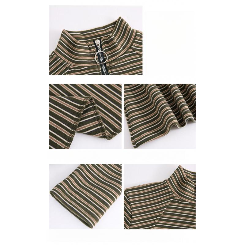 Herbst Reißverschluss Retro Gestreift Langarm Basic Shirt Schmale Passform Vielseitiges Lässiges Oberteil Damen Neues Modisches Oberteil