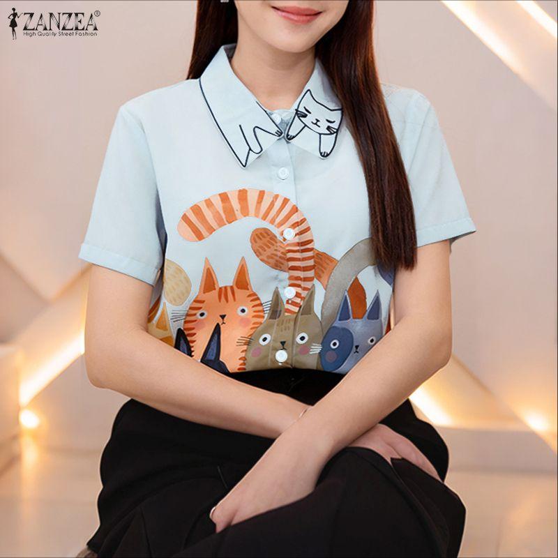 ZANZEA Women Casual Turn Down Collar Short Sleeve Loose Print Blouse