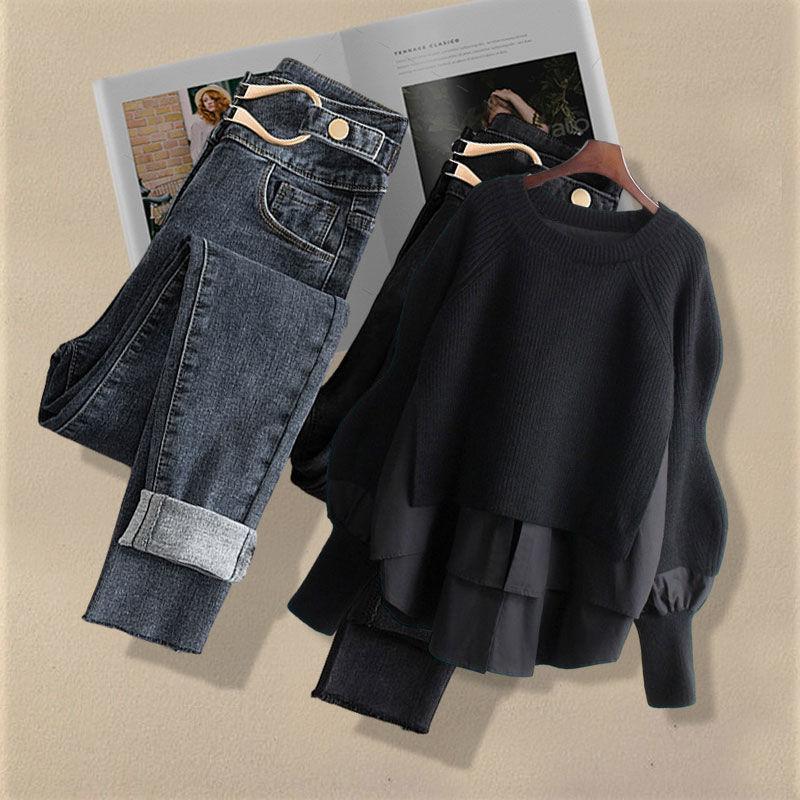 Autumn Suit Female Korean Version of The Niche Design Sense Fake Two-piece Sweater Slim Jeans Two-piece Suit