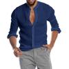Autumn Winter V-neck Linen Cardigan Standing Collar Long Sleeved Men's Shirt