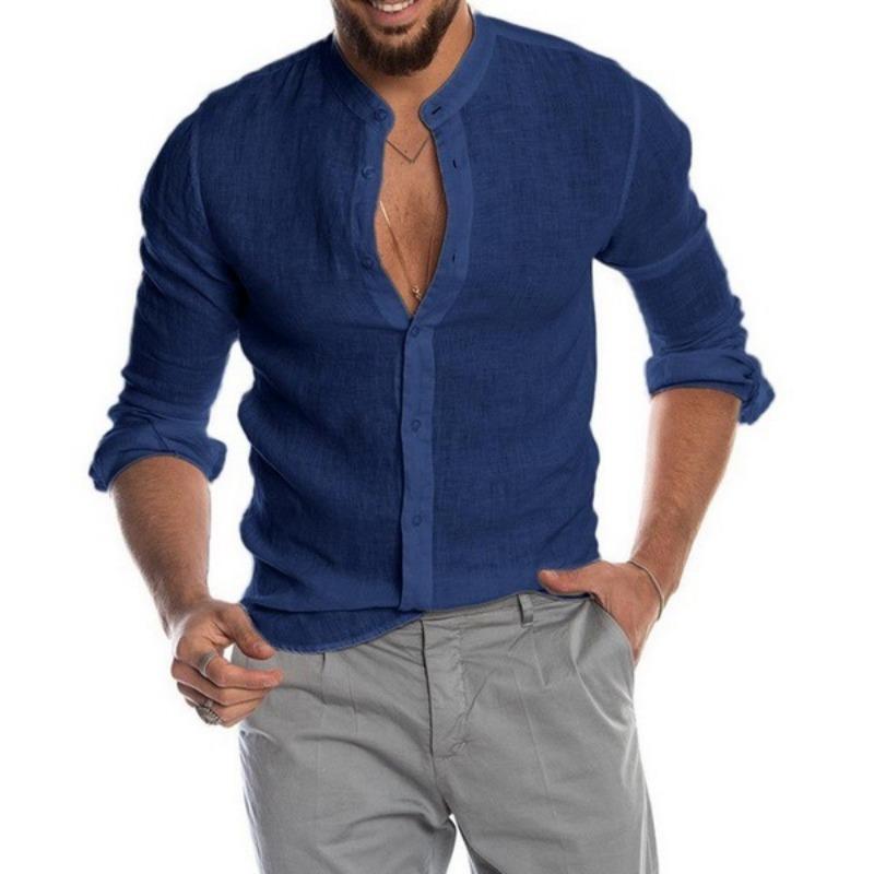 Autumn Winter V-neck Linen Cardigan Standing Collar Long Sleeved Men's Shirt