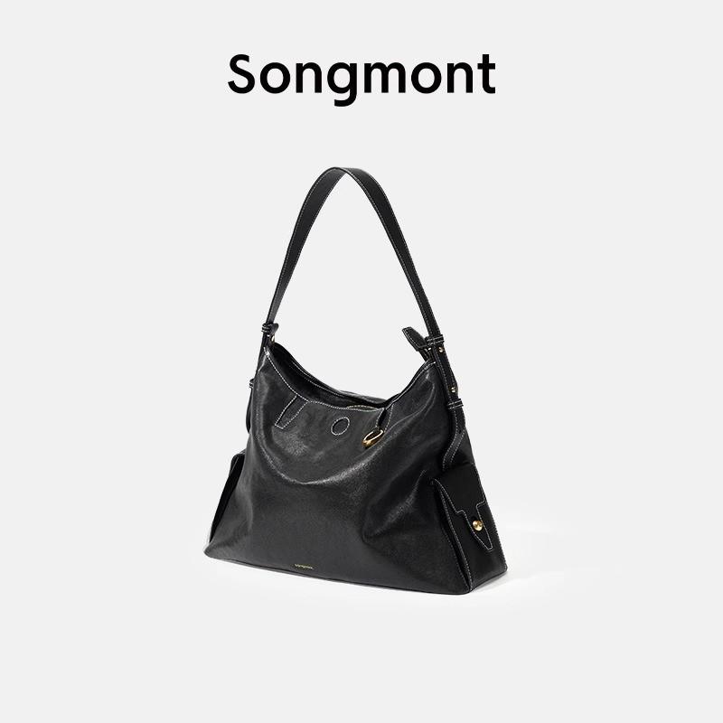 Stylish Songmont Hobo Bag In Smoke Black And Sand Brown With Genuine Leather Design