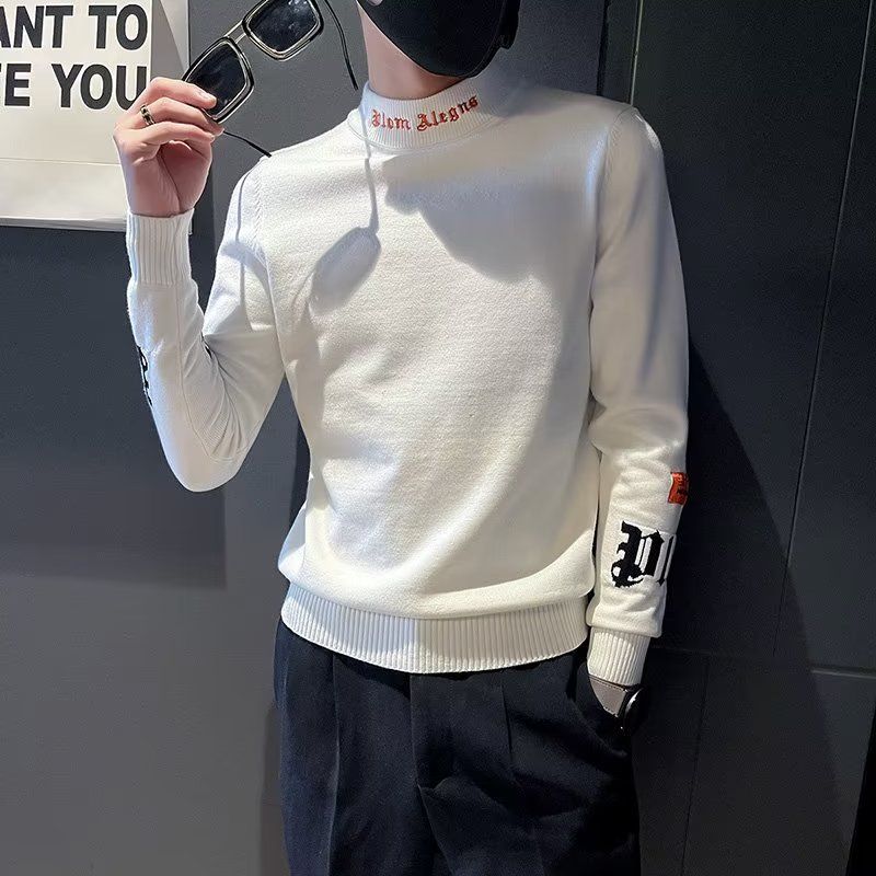 

Осень-зима мужской корейский модный вышитый буквами базовый вязаный свитер мужской полувысокий воротник длинный рукав тонкий пуловер топы XXXL белый