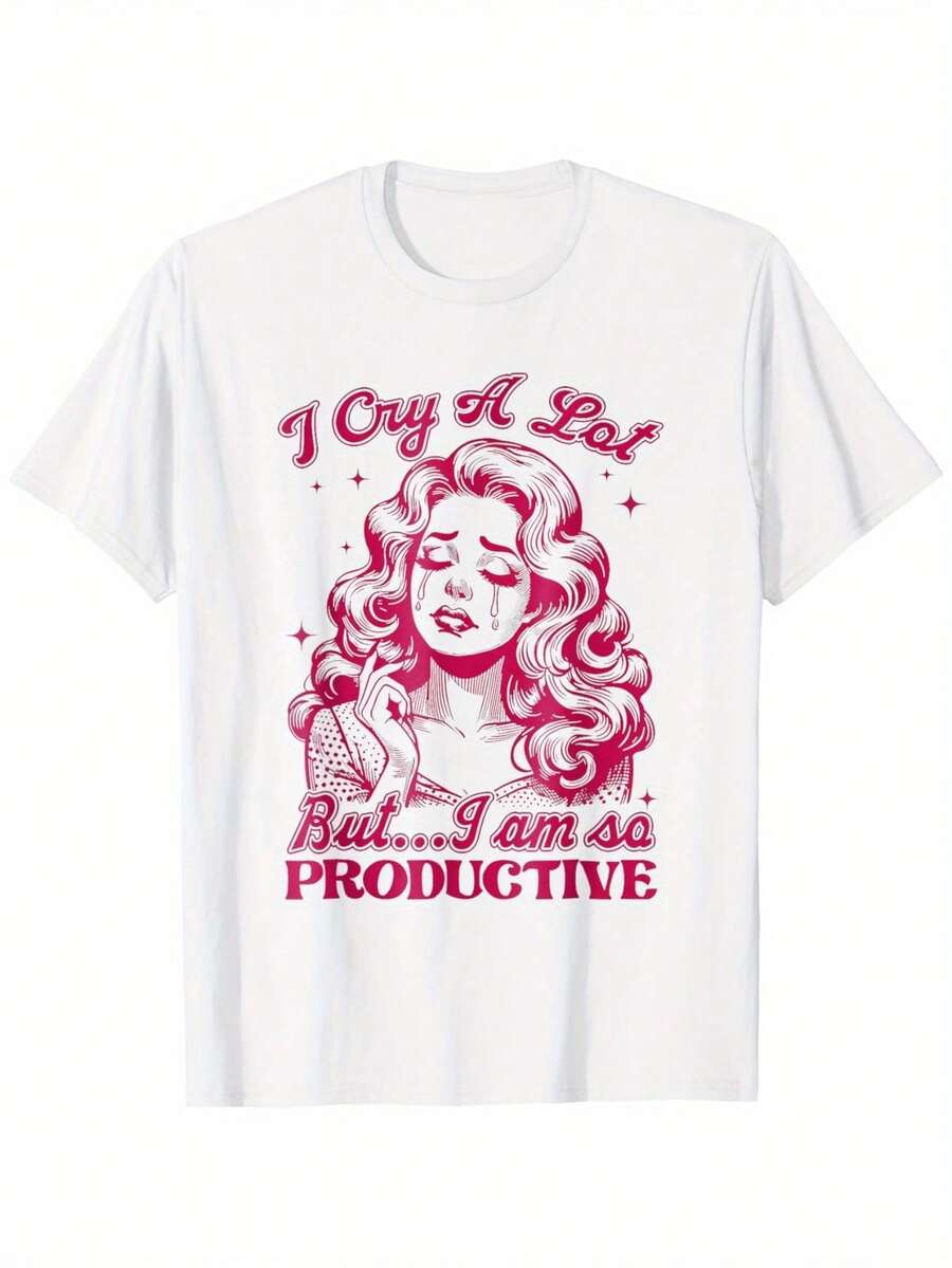 Retro I Cry A Lot But Im So Productive Funny Meme TShirt  180g Heavyweight Crew Neck Tee With S