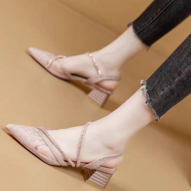 Pointed Toe Women's Sandals With Medium Heels Ladies Shoes 2025 Luxury Summer Comfortable Sandal The Best Offers Asian Size Shoe