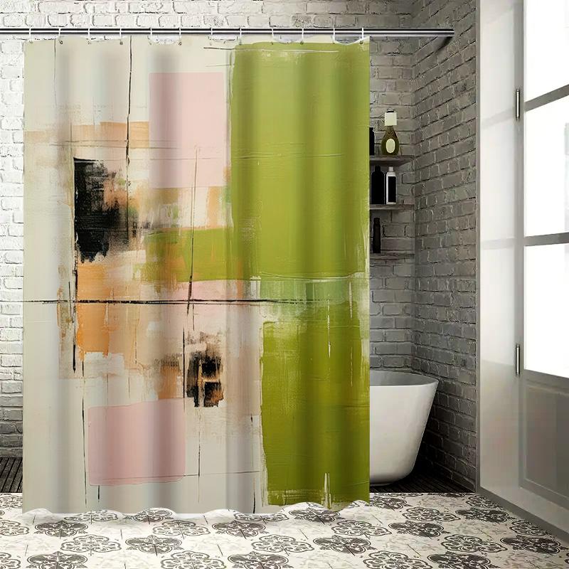 

Abstract Art Shower Curtain Bathroom Decor Modern Geometric Print In Green, Black, Beige Pink Extra Long Size For Bathtub Or Wal W60H190(CM)-1 Pcs