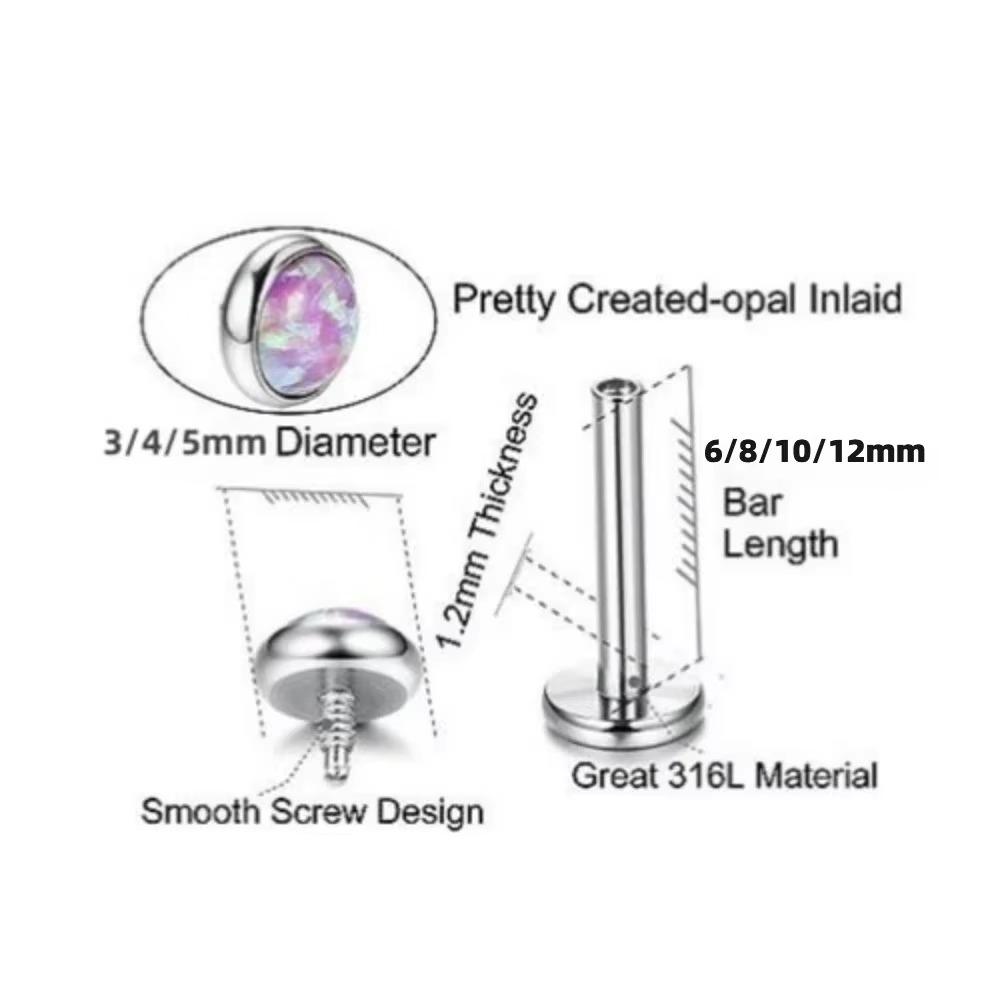 3pc 3/4/5mm Opal Internally Threaded Labret Ring Set 6-12mm Steel Bar Nose Ear Tragus Monroe Lip Stud Piercing