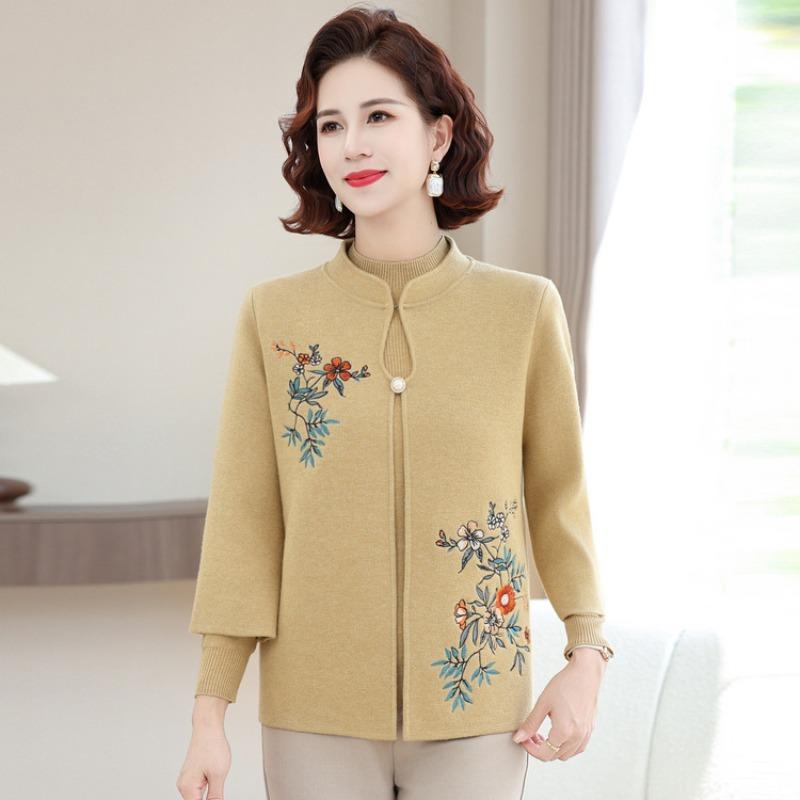 Middle-aged Elderly Autumn Women's Two-piece Suit Mother-in-law Grandmother Sweater Cardigan Old Lady Spring and Autumn Embroidered Coat