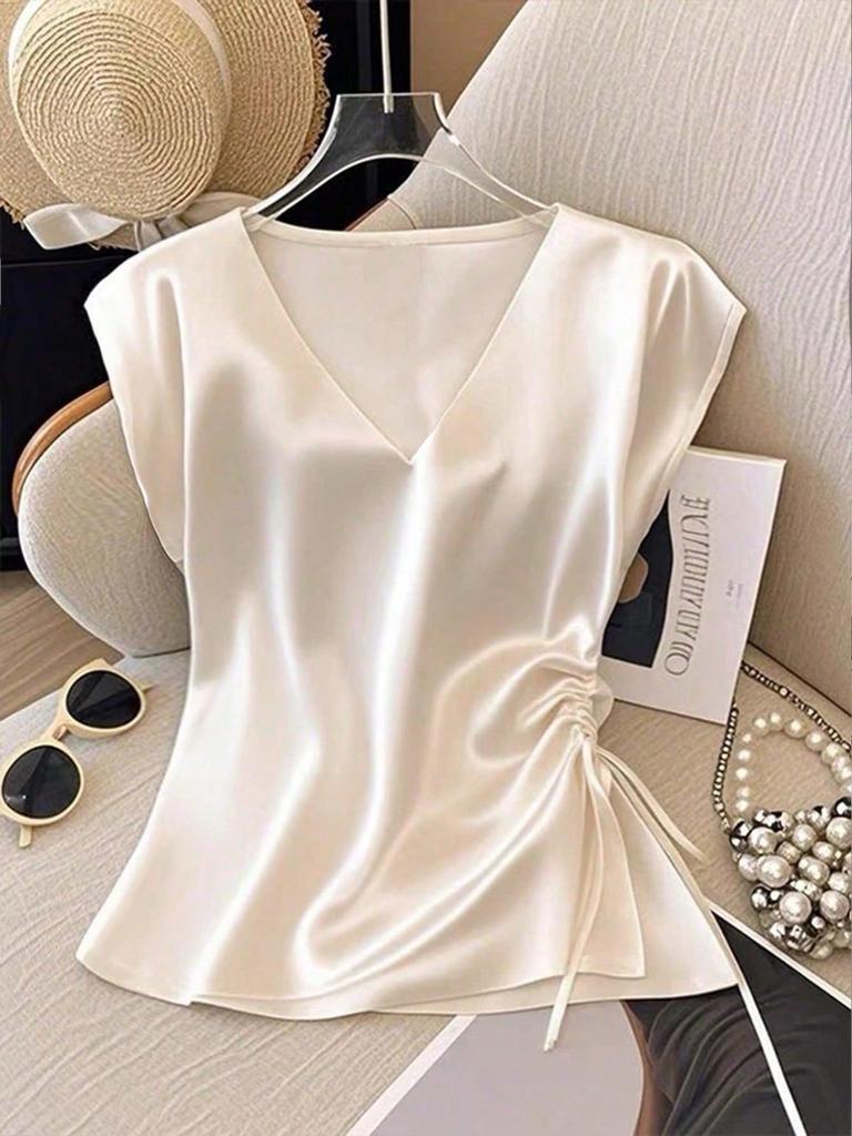 Women's V-Neck Satin T-Shirt - Summer 2026 Slim Fit, Plain Color, Short-Sleeved, Stylish Top