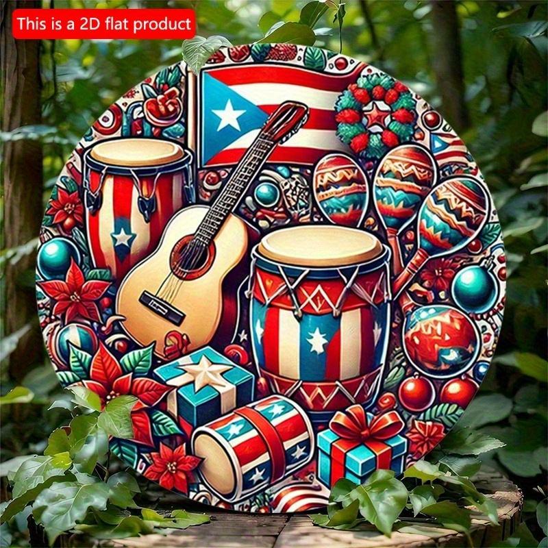 

2d Flat 20*20cm Christmas Ornament, Puerto Rico Flag Wooden Sign, Musical Instrument Local Wooden Mural, for Home, Garage, Restaurant, cafe Mural Sign 20*20cm