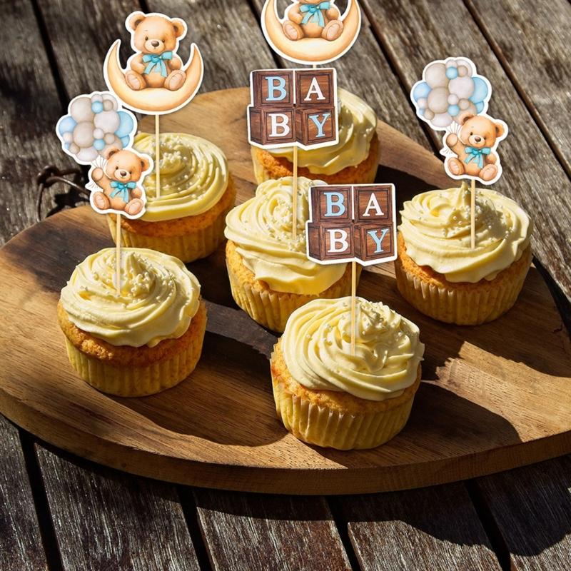12Pcs Cupcake Top Decoration Cartoon Bear Theme Paper Cake Picks Ornament for Birthday Wedding Holiday Table Setting