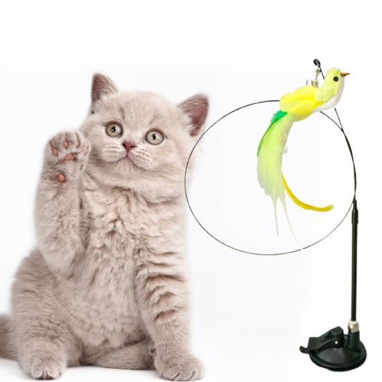 Cat Teaser Wand with Cup Base Bell Suction Long Wand Flexible Bendable Relieve Boredom Simulation Bird Interactive Feather Cat