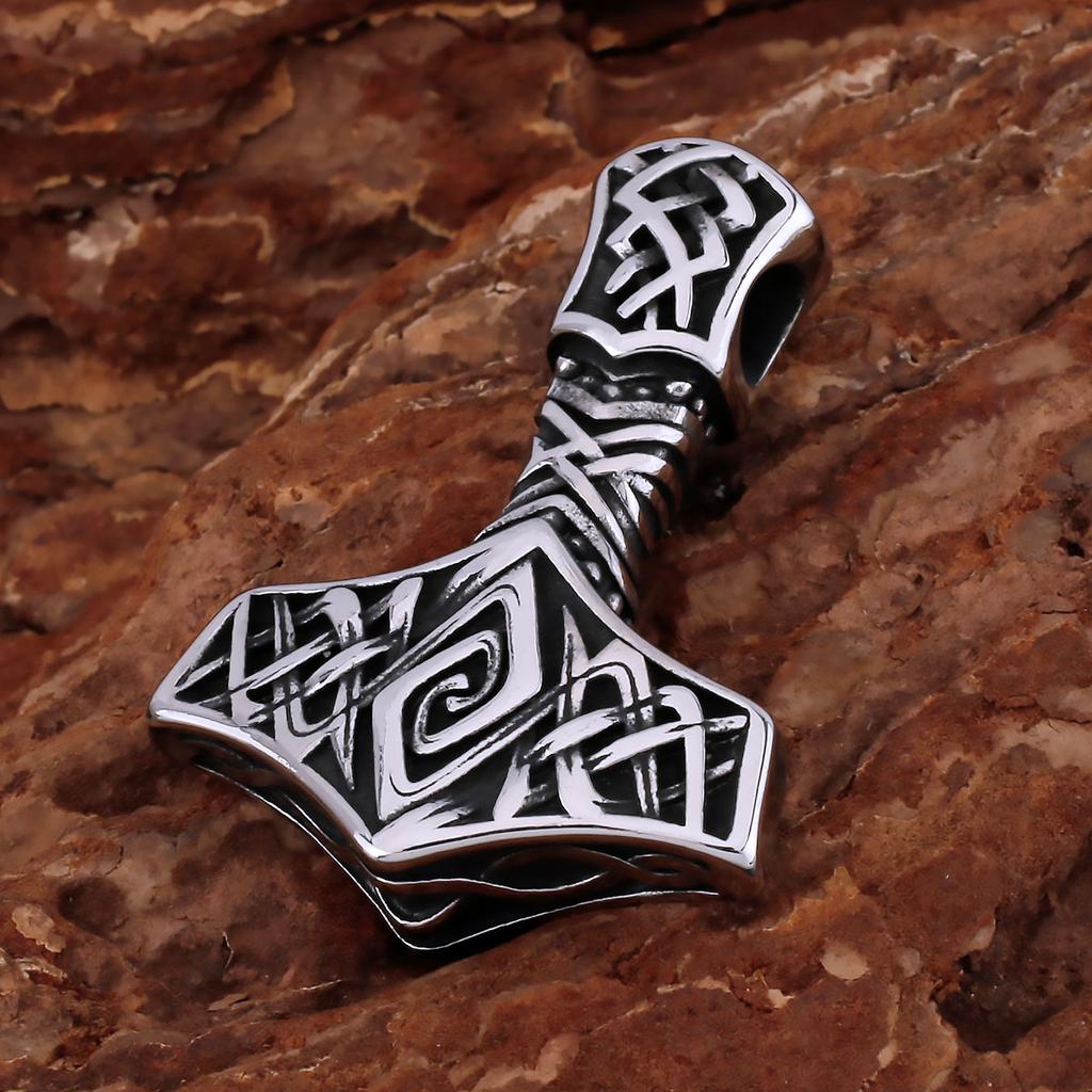 Nordic Mythology Odin Thor Hammer Pendant Men Stainless Steel Rune Amulet Necklace Slavic Warrior Weapon Jewelry Gift