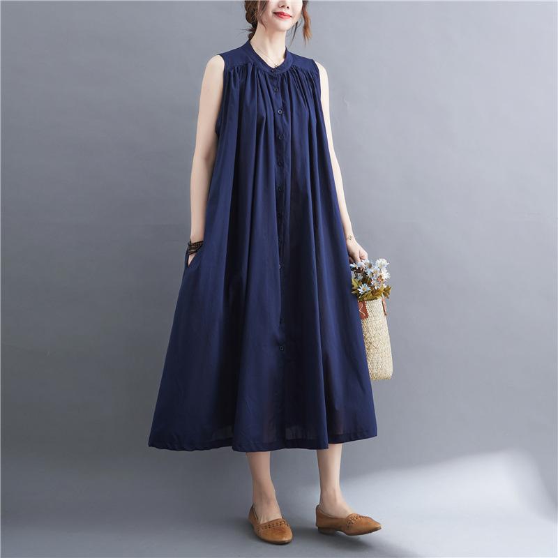 

New Summer Plus-size Retro Sleeveless Mid-length Dress for Women L Темно-синій