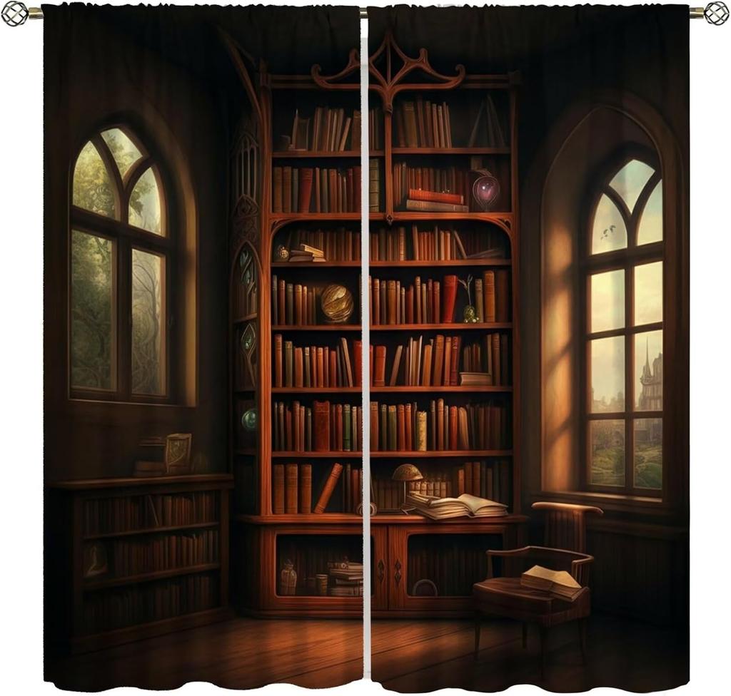 Gothic Bookshelf Curtain Antique Bookcase Spooky Skull Magic Book Halloween Themed Decor Window Kids Teens Adults Curtains Made Of Polyester