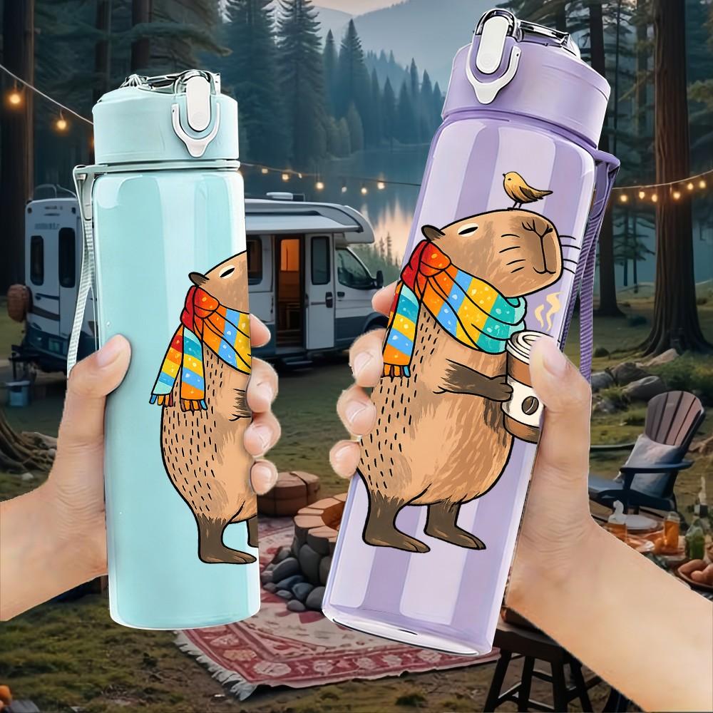1PC Bear Drink Hot Cocoa Cartoon Print 750ml Color Plastic Sports Water Bottle Leakproof Flip Straw Lid Suitable for Sports Office Home Use