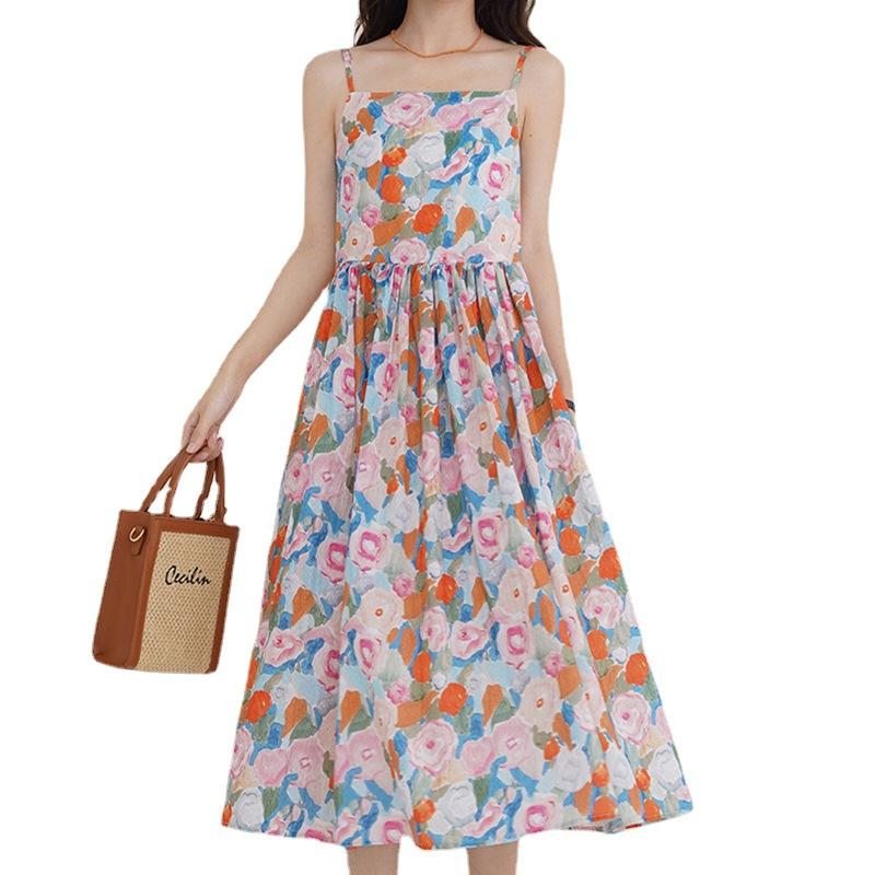Small Fresh Floral Suspender Skirt Summer Retro Long Dress