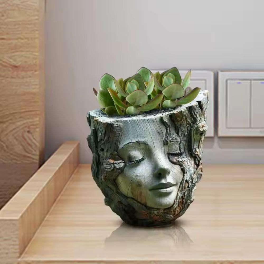 Resin Crafts Girl Face Flowerpot Funny Figure Planter Tree Stump Girl Pot Living Room Decoration
