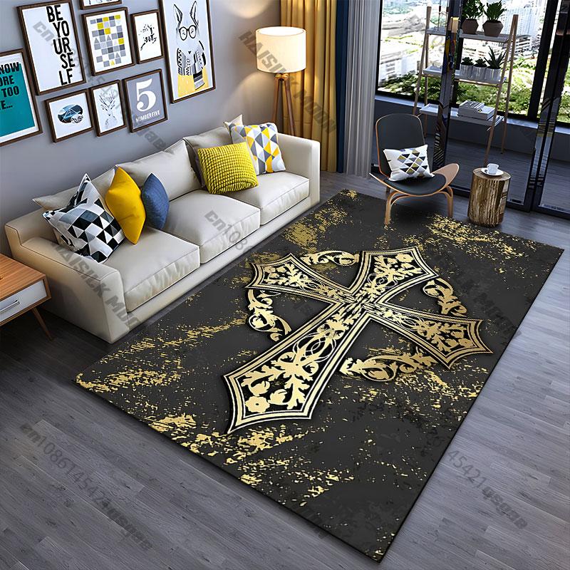 Ornate golden cross design carpet Yoga living room room decor children's crawling mat doormat area rug games mat