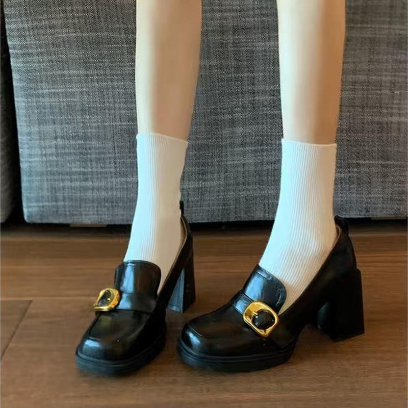 

Women s shoes spring and summer 2025 new square head high-heeled loafers women s British style jk women s shoes thick heel one pedal small 40 чёрный