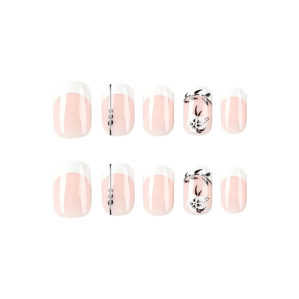 Nail White French Flower Black Leaf Short Manicure Nail Piece Press On Nail