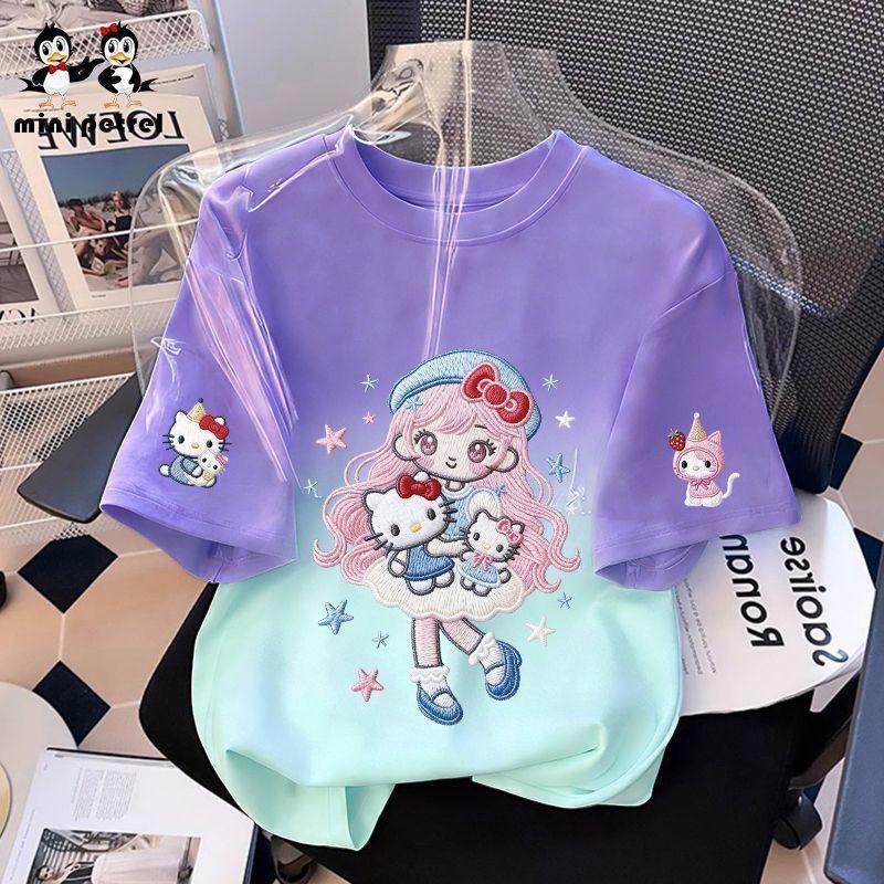Girls Ice Silk Cool Short Sleeve T Shirt Summer Cartoon Gradient Print 120