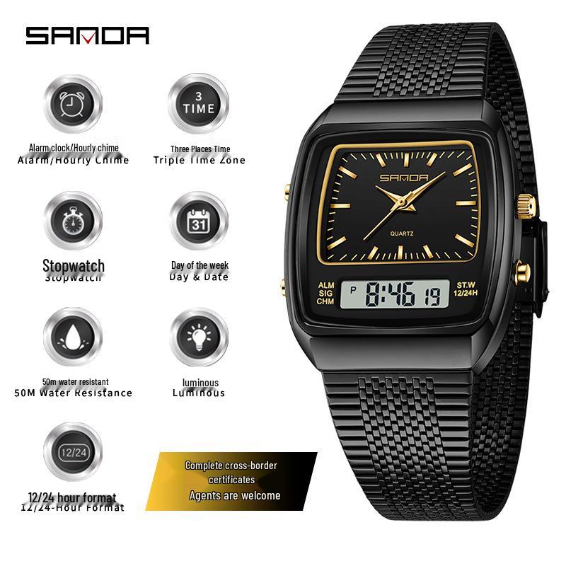 Sanda Dual Display Luminous Electronic Watch: Multifunctional Waterproof Watch with Timer & Alarm - Suitable for Women & Men.