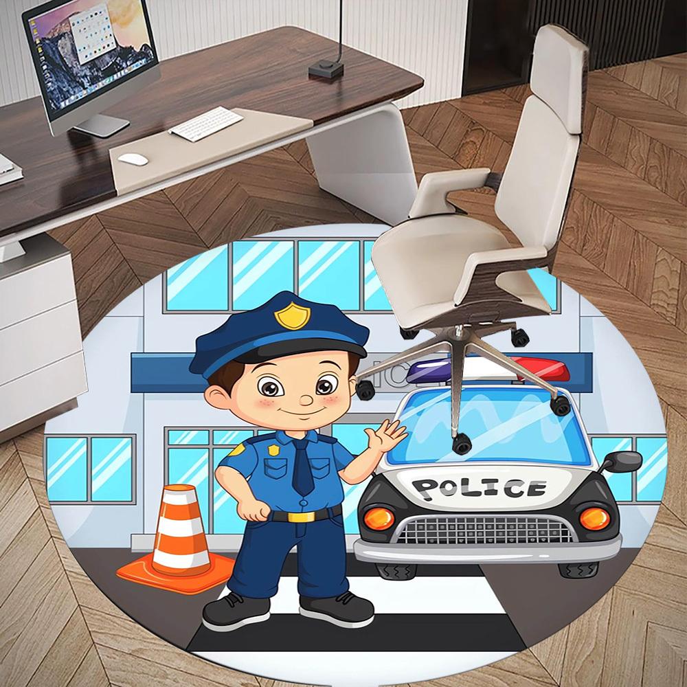 1pc Police OfficerPolice Car Round Chair mat Area Rug - Non-Slip, Floor Mat for Office, Bedroom, home decor Christmas Gift p0811434
