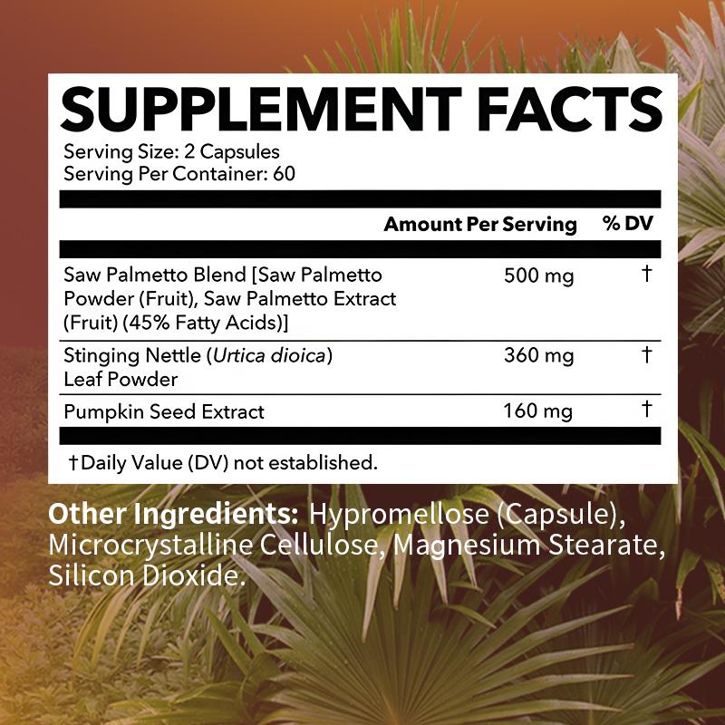 Saw Palmetto 3X Formula Capsules, 120 Vegan Capsules for Men Non GMO