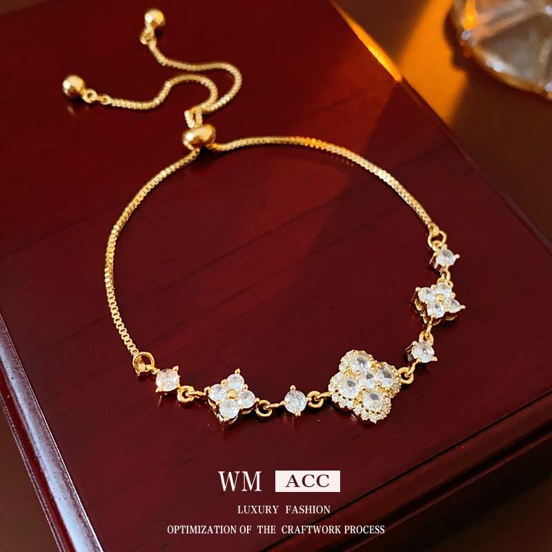 Elegant Gold Plated Zircon Rhombus Flower Bracelet Women Adjustable Minimalist Luxury Daily Wear