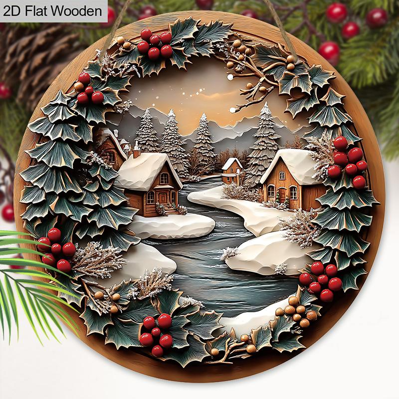 Rustic Christmas Wooden Sign with Snowy House Pattern - Navidad Round Sign for Front Door, Wall Hanging Decor - Ideal Christmas Decor