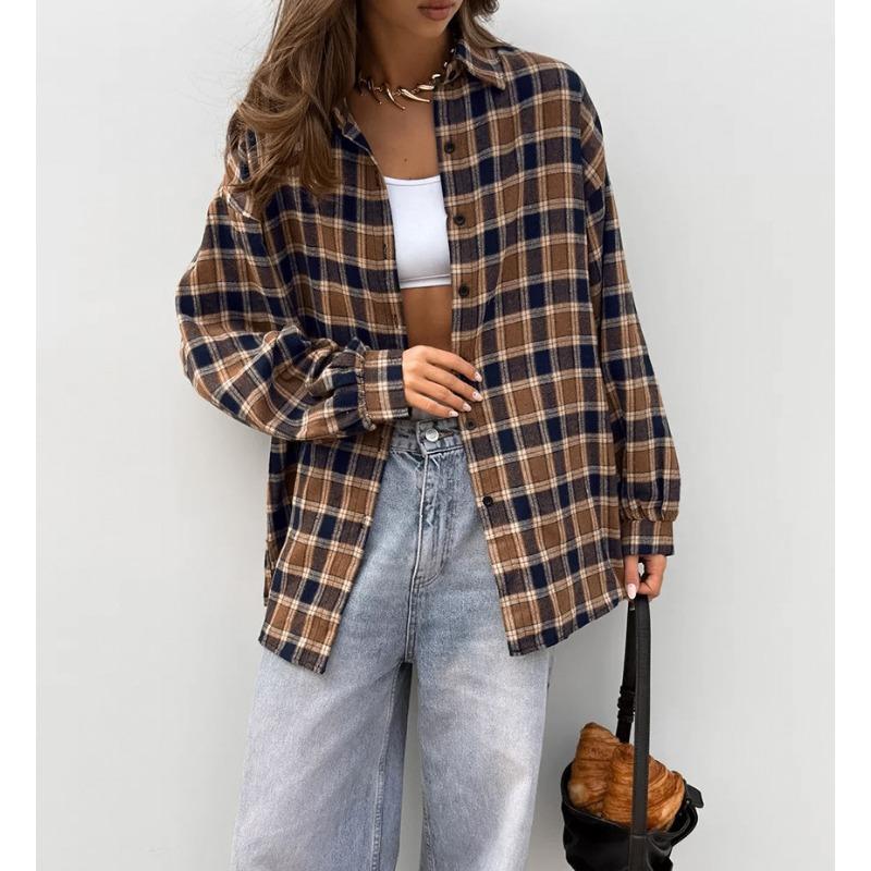 Women S Vintage Plaid Long Sleeve Loose Cardigan Shirt Summer Casual