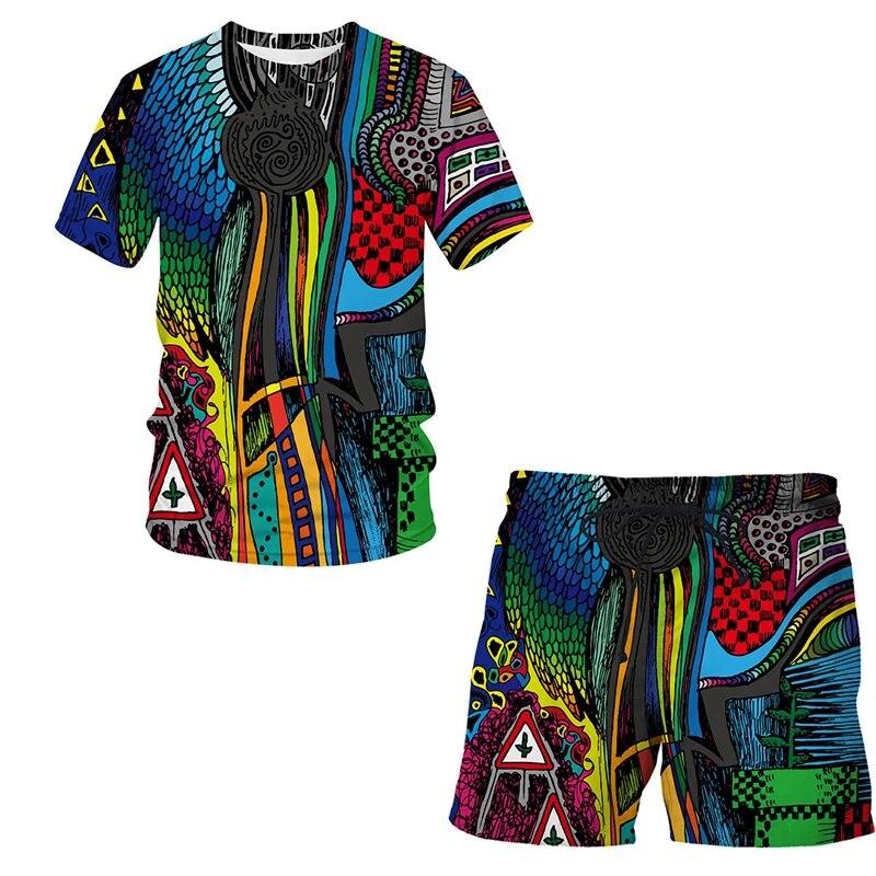 Summer fashion men's suit Abstract art pattern 3D T-shirt printed Lapel short sleeve shirt beach shorts Hawaiian men's suit 2pcs