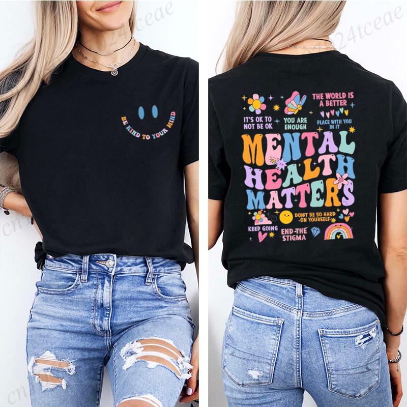 Fashion Women T Shirts Mental Health Matters Print Short Sleeve T-Shirt Inspirational Recreational Therapy Casual Summer Shirts