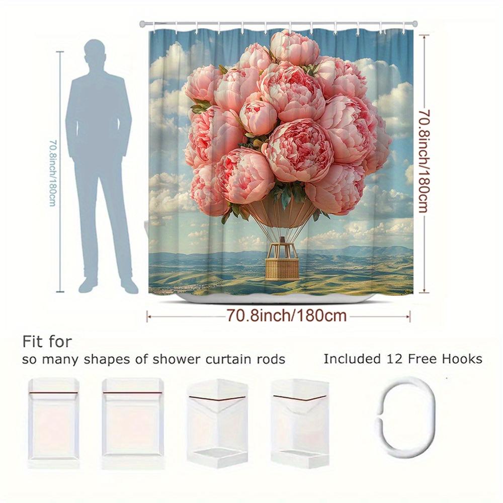 1Pc. Floral Hot Air Balloon Shower Curtain, Elegant Pink Peony, Romantic Scenery, Bathroom Decor, Polyester Fabric, Includes