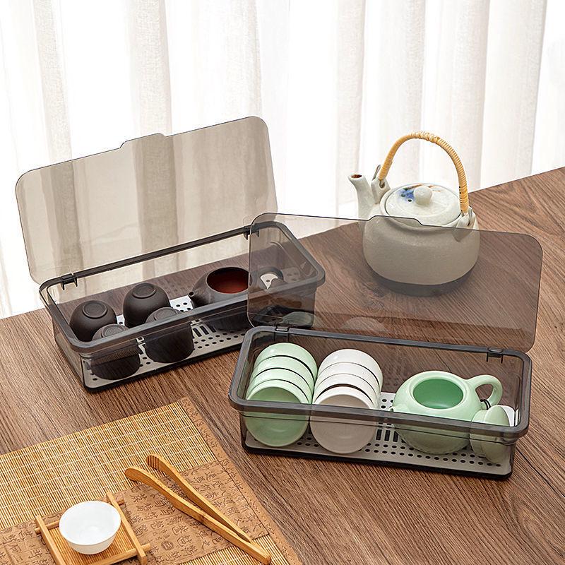 Transparent Flip-Top Plastic Storage Box for Tea Sets & More with Draining Lid