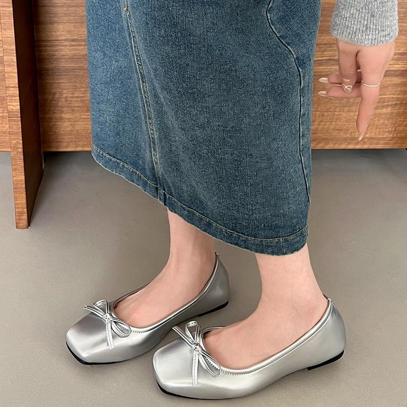 Silver square head ballet style light mouth flat sole shoes women's 2025 new spring French skirt Mary Jane shoes