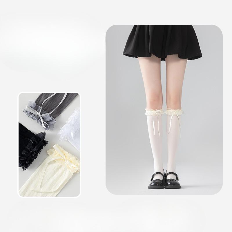 Thin Ballet-style Socks for Women, Bow Tie Leg Covers, Solid Color Pile Socks