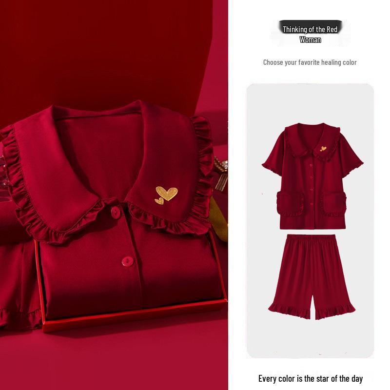 Heart to Heart: Auspicious Red Wedding Couple Pajama Set with Heart Embroidery, Combed Cotton. 5XL
